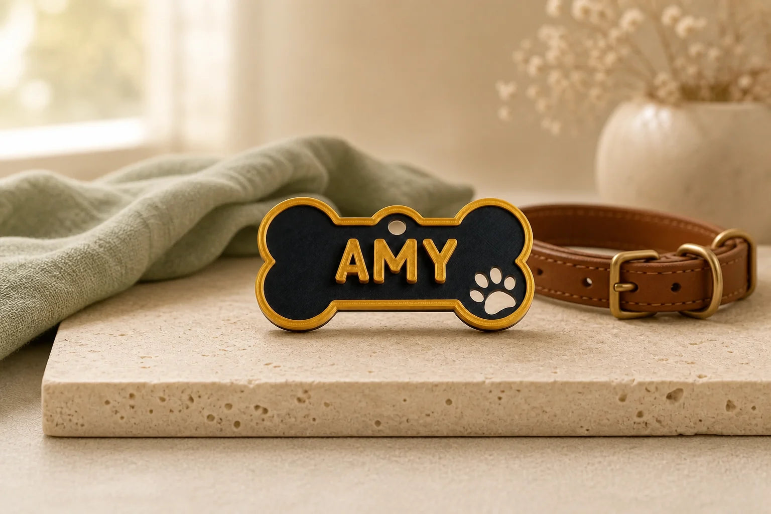 Schwarz-goldene Hundemarke Classic mit dem Namen Amy auf Travertin neben einem Lederhalsband