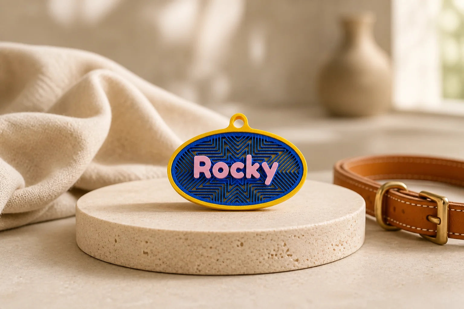 Ovale Hundemarke Connect mit dem Namen Rocky auf hellem Kalkstein, daneben ein Lederhalsband