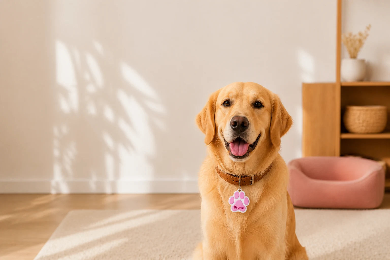 Golden Retriever mit cognacfarbenem Halsband und einer Pfotenliebe-Hundemarke mit dem Namen Bruno