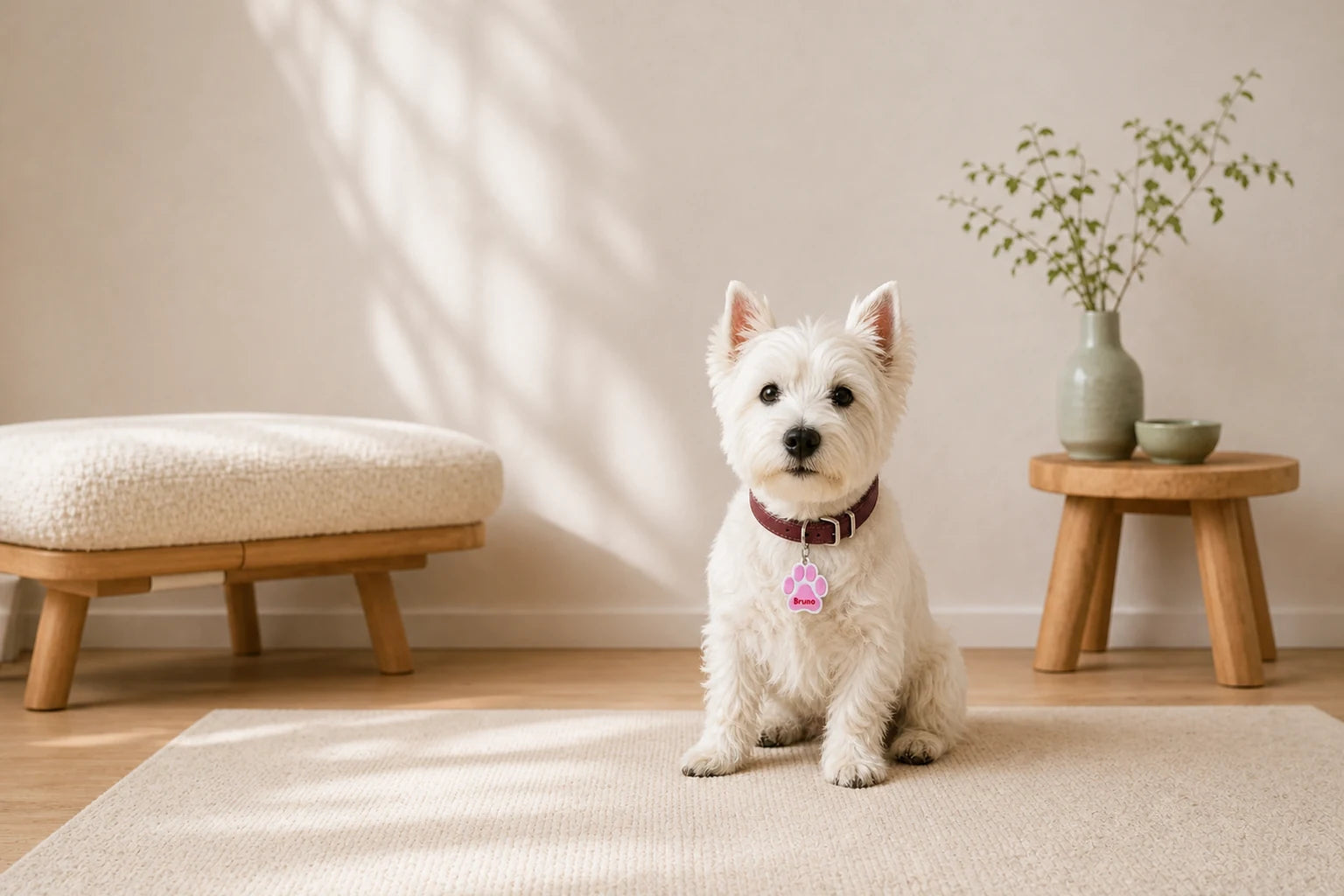 West Highland White Terrier mit bordeauxfarbenem Halsband und einer Pfotenliebe-Hundemarke mit dem Namen Bruno